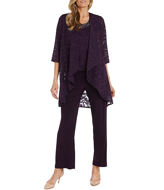 R & M Richards Jacquard Burnout 3/4 Sleeve 3-Piece Pant Set | Dillard's