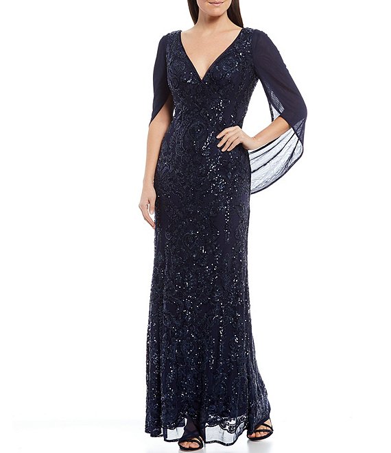 R & M Richards Matte Chiffon V-Neck Short Drape Back Sleeve Beaded Stretch  Mesh Sheath Gown