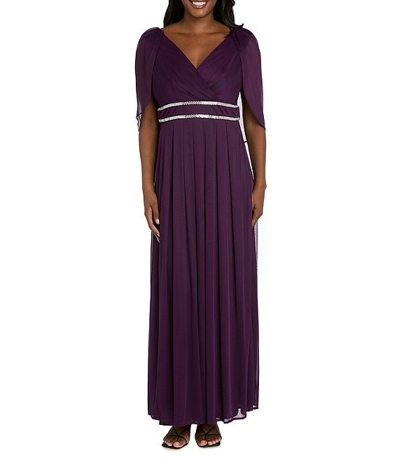 R & M Richards Matte Jersey Chiffon V-Neck Caplet Overlay Rhinestone Gown, Eggplant - Image 1