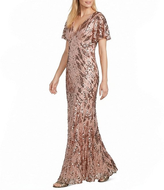 R & M Richards Mesh Flutter Sleeve Flounce Hem Deco Sequin Gown