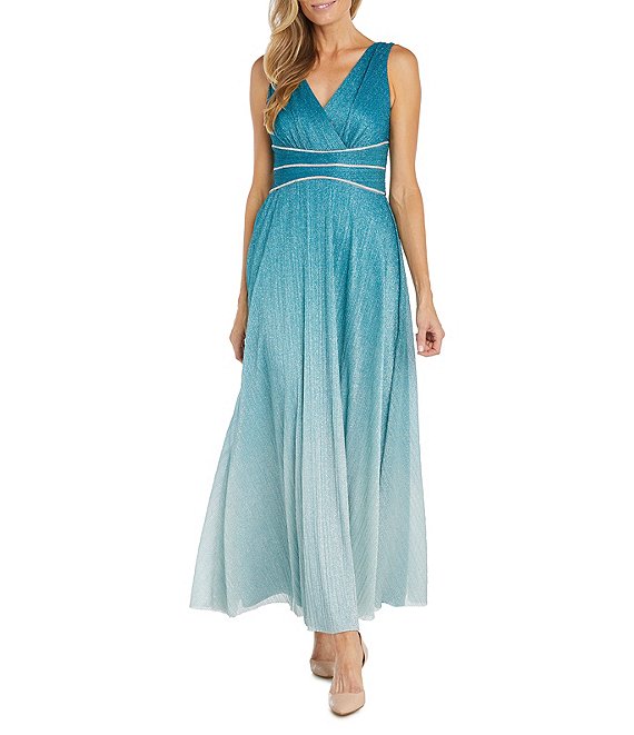 R & M Richards Metallic Knit Sleeveless V-Neck Rhinestone Waist Ombre  Crinkle Pleated Gown