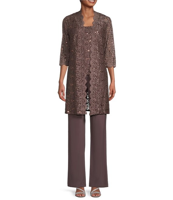 Color:Fig - Image 1 - Petite Size Scalloped Glitter Lace Duster Stretch 3-Piece Pant Set