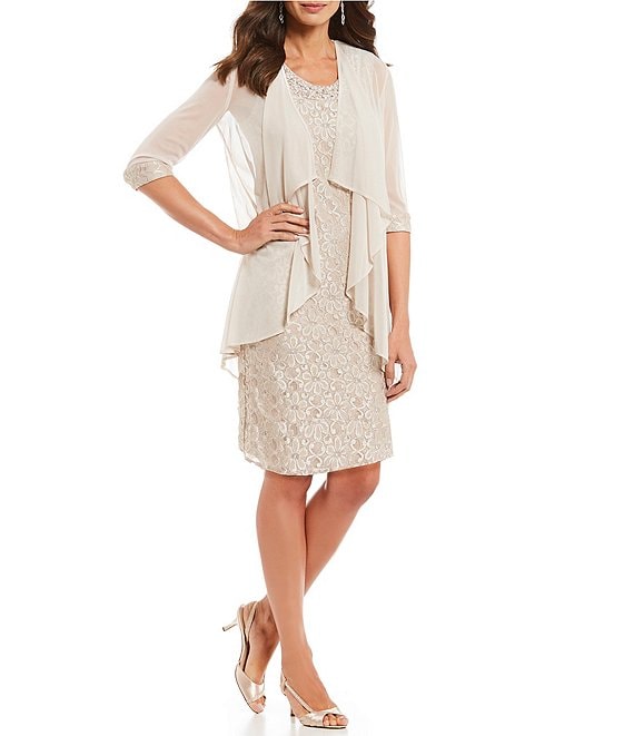 Color:Champagne - Image 1 - Petite Size Beaded Glitter Scoop Neck 3/4 Sleeve Lace 2-Piece Jacket Dress