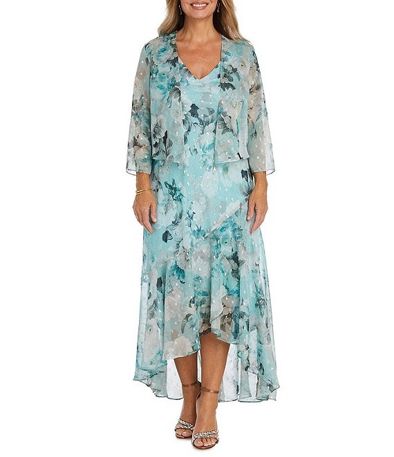 R & M Richards Petite Size Floral Print Chiffon V-Neck Tiered Ruffled  High-Low Hem 3/4 Sleeve 2-Piece Jacket Dress