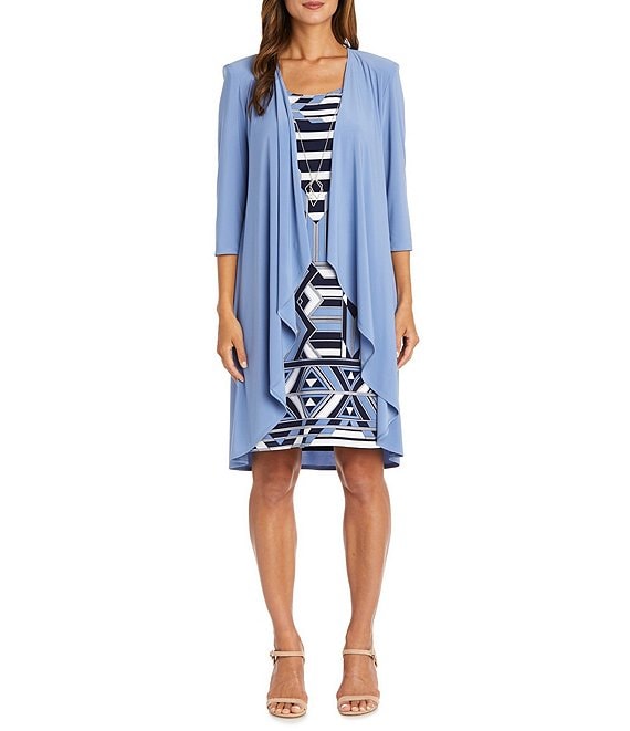 Color:Periwinkle - Image 1 - Petite Size Knit Scoop Neck 3/4 Sleeve Cascade Front 2-Piece Jacket Dress