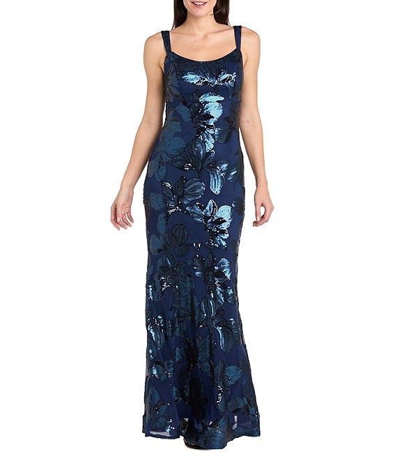 R & M Richards Petite Size Long Matte Floral Pattern Sequin Dress
