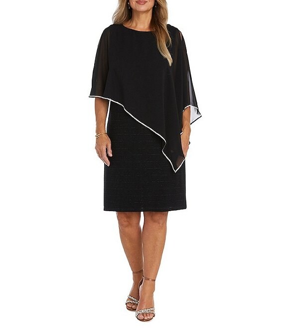 Color:Black - Image 1 - Petite Size One Shoulder Short Sleeve Asymmetrical Overlay Embellished Trim Chiffon Dress