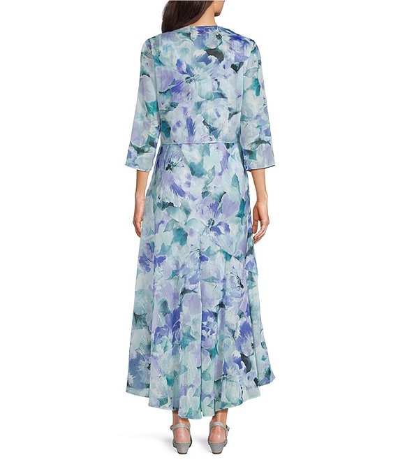 R M Richards Petite Size Printed Lurex Chiffon Bolero High Low Ruffle Hem Jacket Dress, Womens, 12P, Aqua/Lavender