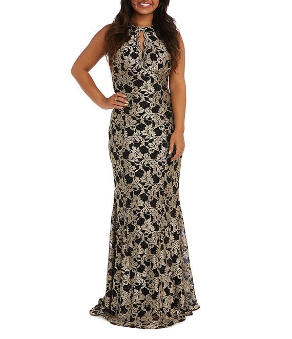 Color:Gold/Black - Image 1 - Petite Size Sleeveless Halter Keyhole Neck Glitter Lace Gown