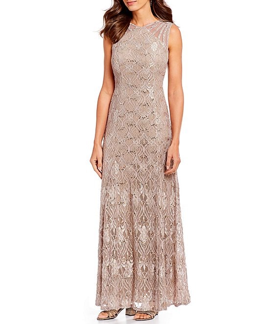Color:Champagne - Image 1 - Petite Size Sleeveless Lace Round Neck Fit and Flare Dress