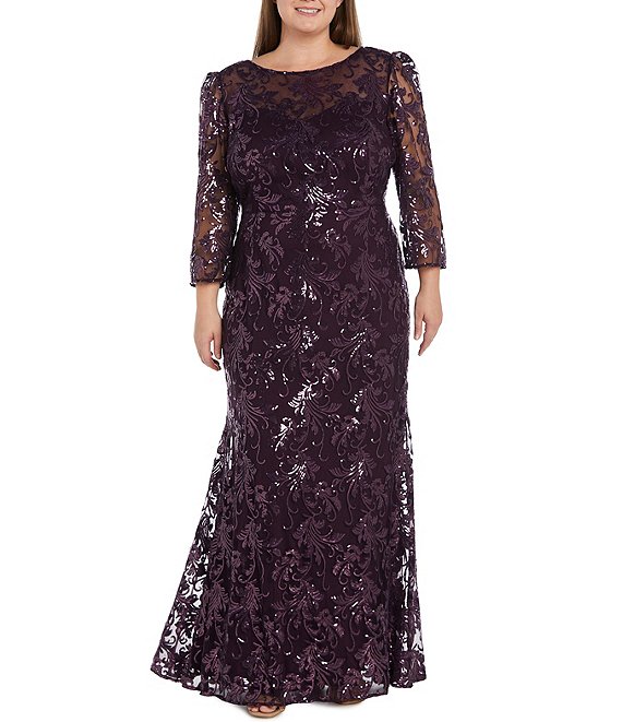 R & M Richards Plus Size 3/4 Sleeve Illusion Boat Neck Sequin ...