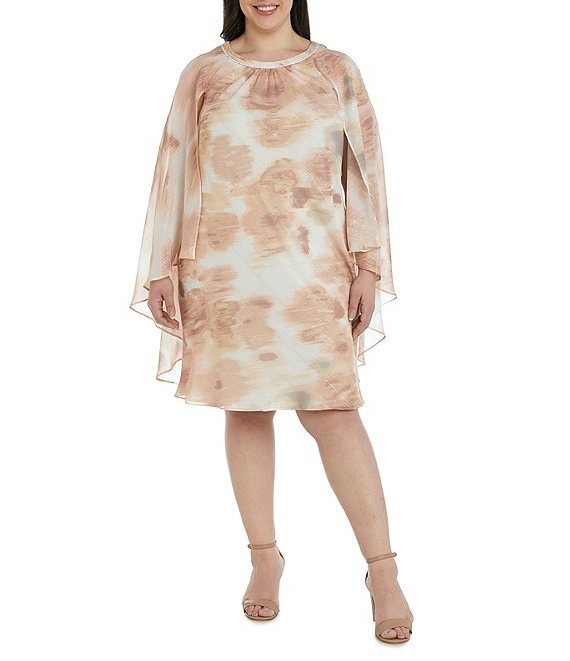 Color:Champagne - Image 1 - Plus Size Cape Sleeve Round Rhinestone Neck Sheath Dress