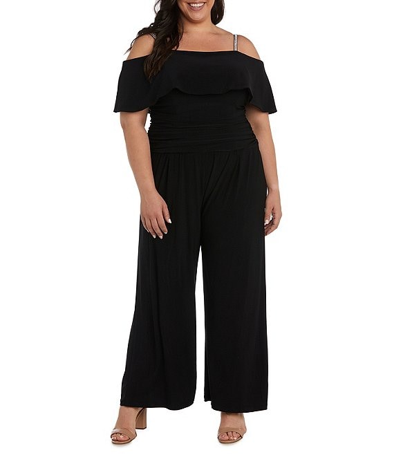 Color:Black - Image 1 - Plus Size Cold Shoulder Ruched Bodice Jersey Knit Jumpsuit