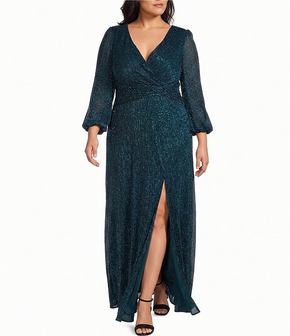 R & M Richards Plus Size Crinkle Pleated 3/4 Balloon Sleeve Long Dress
