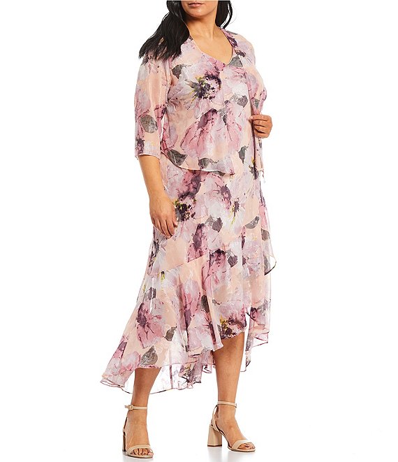 R & M Richards Plus Size Floral Print Chiffon Bolero 3/4