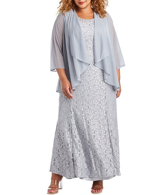 R & M Richards Plus Size Glitter Chiffon Lace Beaded Neck 2-Piece