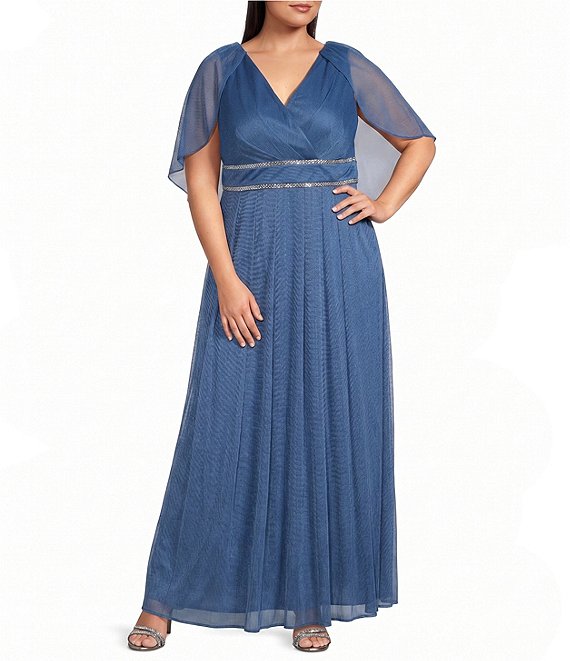 R & M Richards Plus Size Matte Jersey Chiffon V-Neck Caplet Overlay Rhinestone Gown