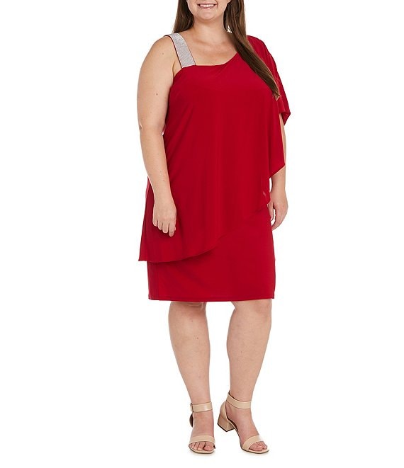 Color:Red - Image 1 - Plus Size One Shoulder Rhinestone Strap Cascade Sheath Dress