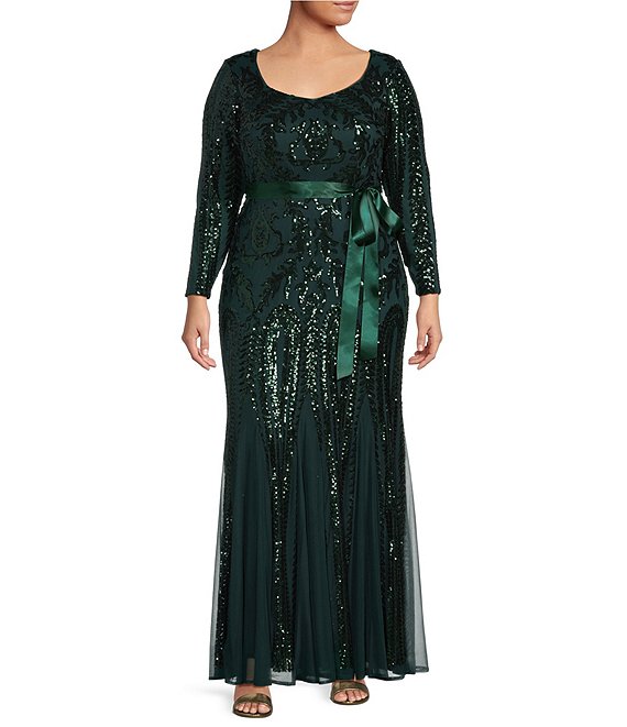 R & M Richards Plus Size Sequin Embroidered Mesh Sweetheart Neck Long Sleeve Godet Inset Detail Gown
