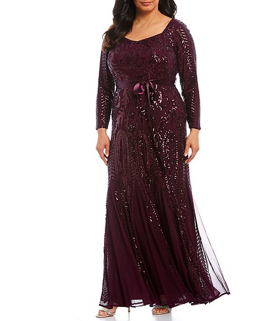 R & M Richards Plus Size Sequin Embroidered Mesh Sweetheart Long Sleeve ...