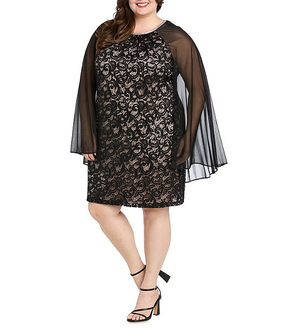 R & M Richards Plus Size Sequin Lace Rhinestone Crew Neck Trim Sheath Capelet Dress, Black/Nude - Image 1