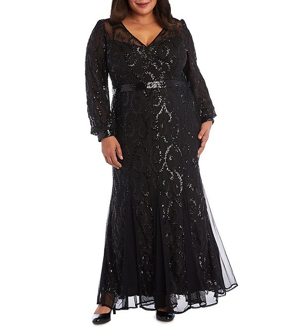 R & M Richards Plus Size Sequin Mesh Long Dress