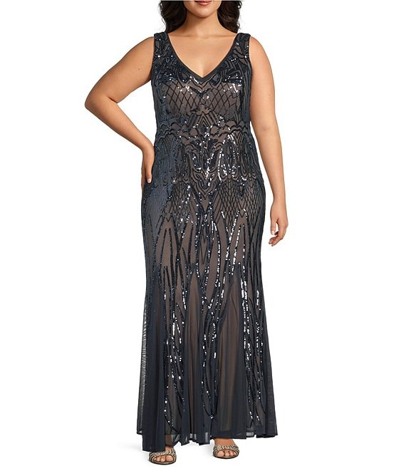 R & M Richards Plus Size Sleeveless V-Neck Sequin Godet Skirt Long Dress |  Dillard's