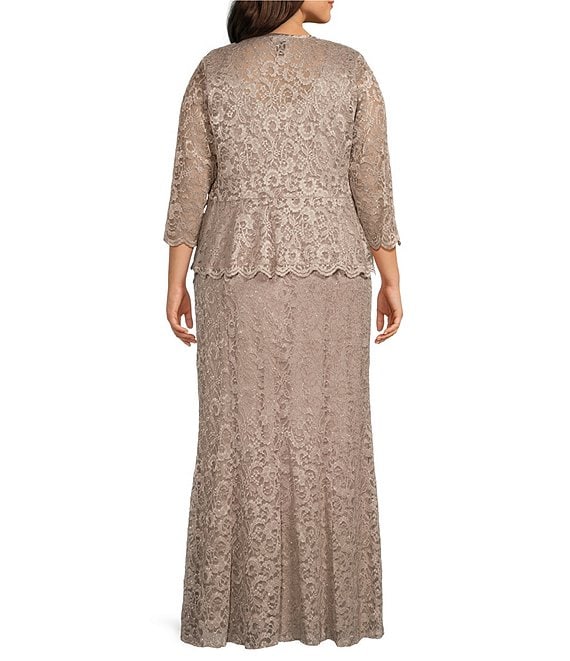 r and m richards lace jacket dress R&M Richards 1985W Long Formal Glitter Lace Plus Size Jacket Dress