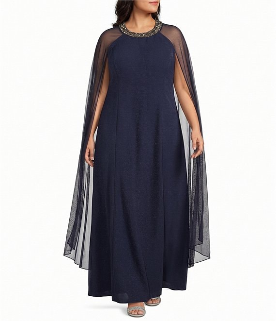 R & M Richards Plus Size Stretch Satin Long Mesh Caplet Beaded Neck Long Dress