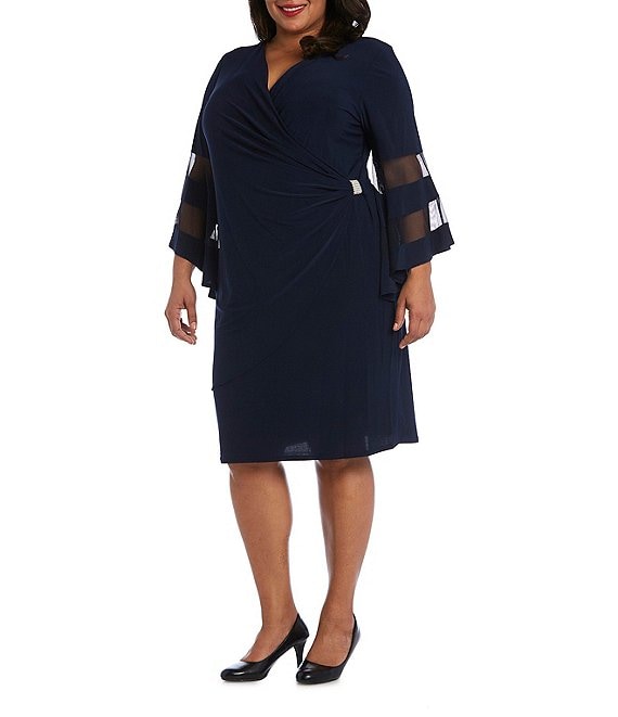 R & M Richards Plus Size V-Neck Faux Wrap Sheer Illusion Bell Sleeve ...