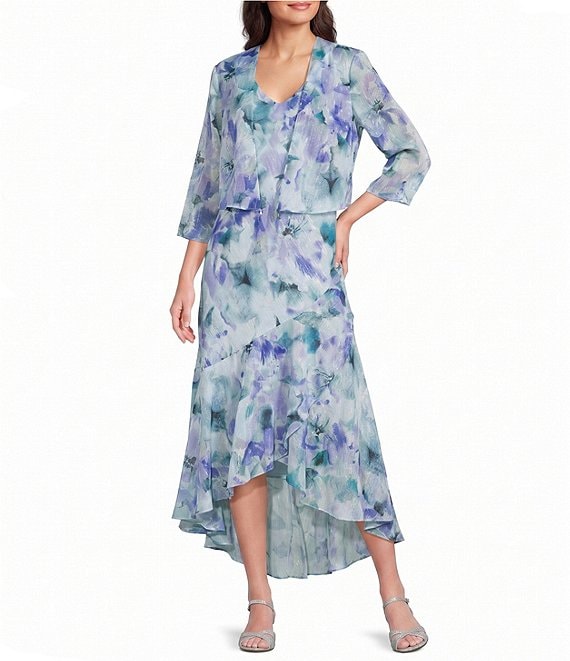 R & M Richards Printed Lurex Chiffon Bolero High Low Ruffle Hem Jacket Dress