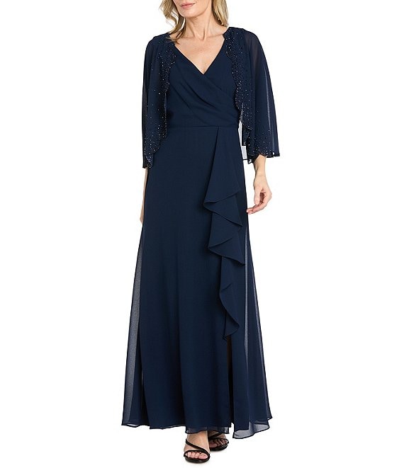 R & M Richards Scalloped Trim Ruffle Side Cascade Long Dress