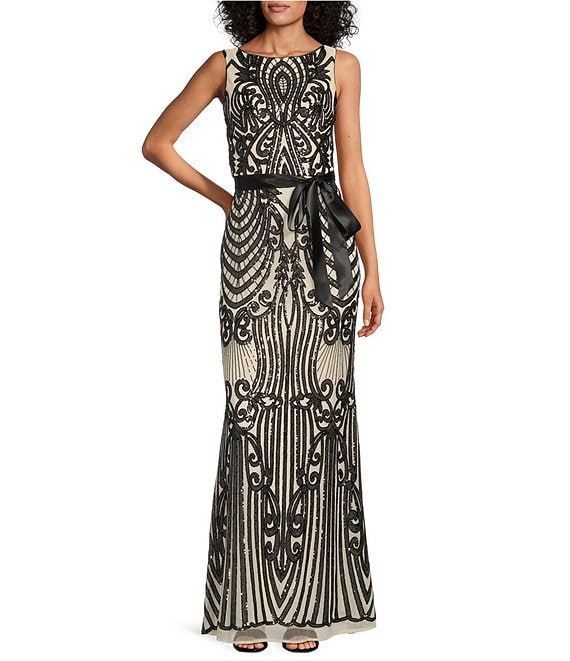 R & M Richards Sequin Pattern Sleeveless Fan Panel Gown