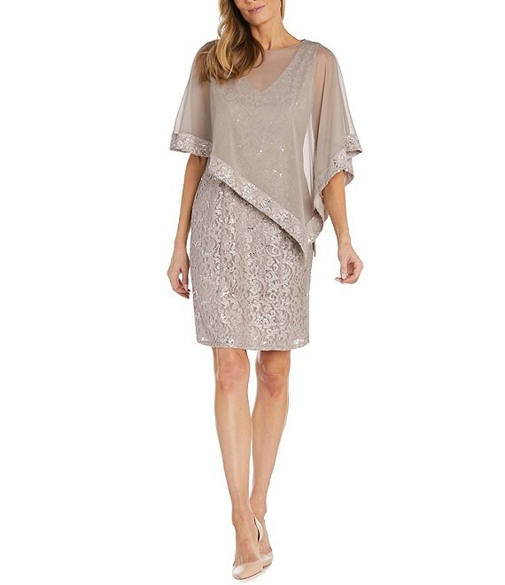 R & M Richards Sequin Sheer Poncho Overlay 3/4 Sleeve Illusion V-Neck ...