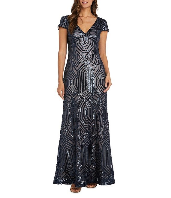 R & M Richards Short Sleeve V-Neck Sequin Long Dress | Dillard's