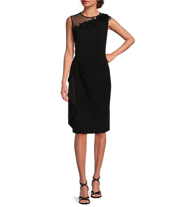 R M Richards Sleeveless Asymmetrical Illusion Neck Side Cascade Knee Length Sheath Dress