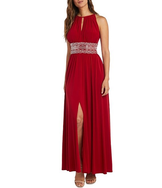 R & m richards sleeveless halter 2025 lace evening gown