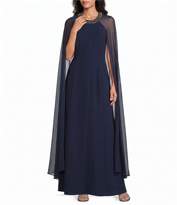 R & M Richards Stretch Satin Long Mesh Caplet Beaded Neck Long Dress