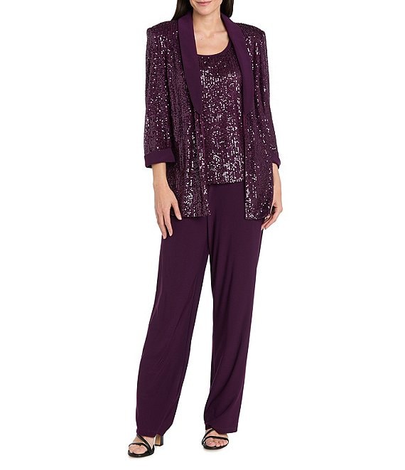 R & M Richards Three Piece Pantsuit With Sequin Mesh Tuxedo Jacket and Tank With Satin Lapels and Cuffs, Plum - Image 1