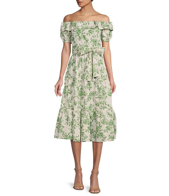 Color:Sage Toile - Image 1 - Floral Toile Print Cotton Poplin Off-the-Shoulder Ruffle Short Puff Sleeve Belted Tiered Midi Dress