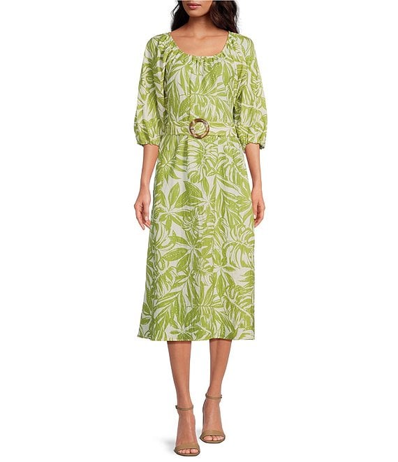 Rachel Parcell Palm Print Scoop Neck Half Sleeve Midi Dress | Dillard's