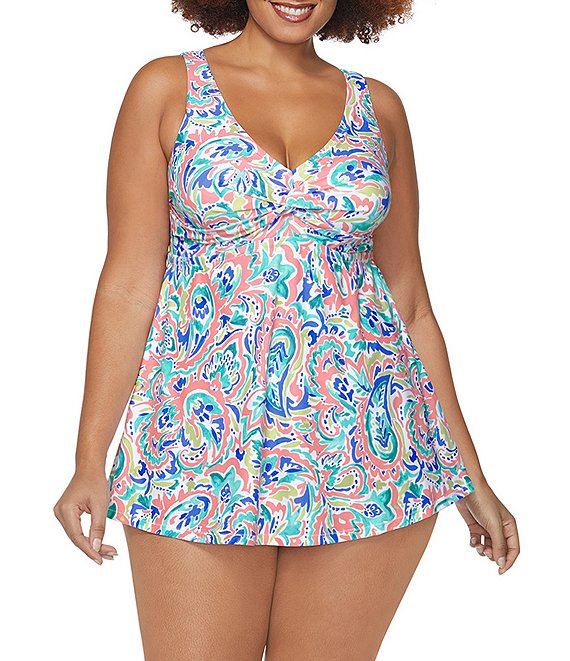 Raisins Curve Plus Size La Feria Lucia Paisley Print V Neck Front Twist Tummy Thinner One Piece Swim Dress Dillard s