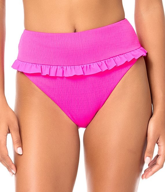 Raisins Smocking Solid Textured Shaye High Waist Ruffle Swim Bottom