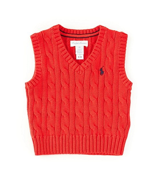 Ralph Lauren Childrenswear Baby Boys Cable-Knit Cotton Sweater Vest, Red, 3 Months