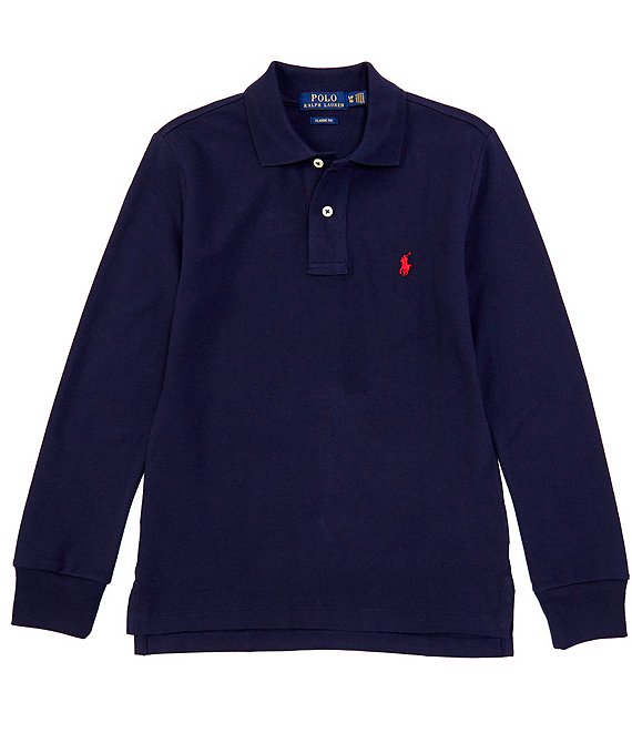 Color:Navy - Image 1 - Childrenswear Big Boys 8-20 Long-Sleeve Mesh Polo Shirt