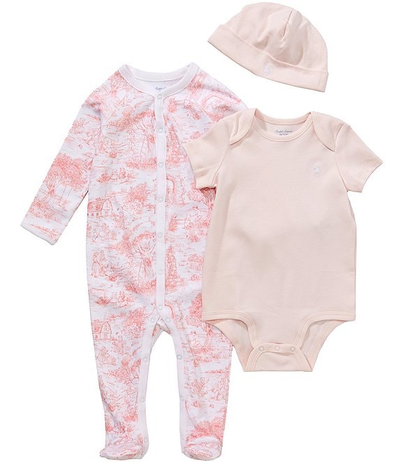 Ralph Lauren Baby Girls Cotton Toile Print Footie, Bodysuit, & Hat 3-Piece Set