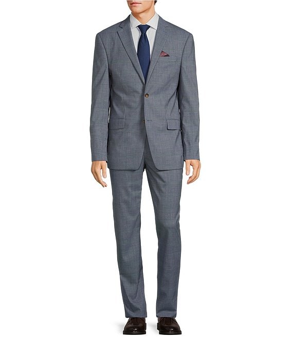 Color:Blue - Image 1 - Athletic Fit Flat Front Plaid 2-Piece Suit