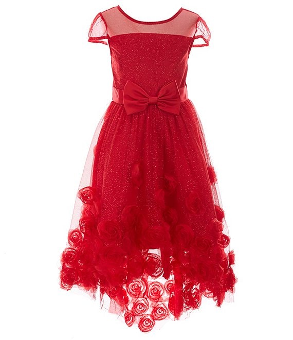 Color:Red - Image 1 - Big Girls 7-16 Illusion Glitter Mesh Bodice Soutache Hi-Lo Dress