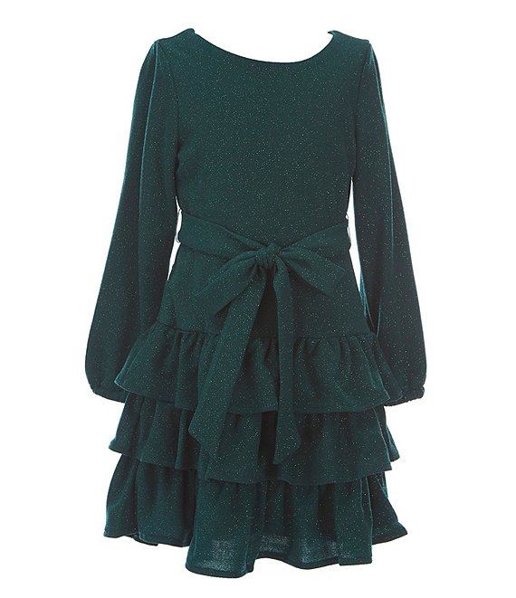 Color:Hunter - Image 1 - Big Girls 7-16 Pique Glitter Knit Tiered Ruffle Dress