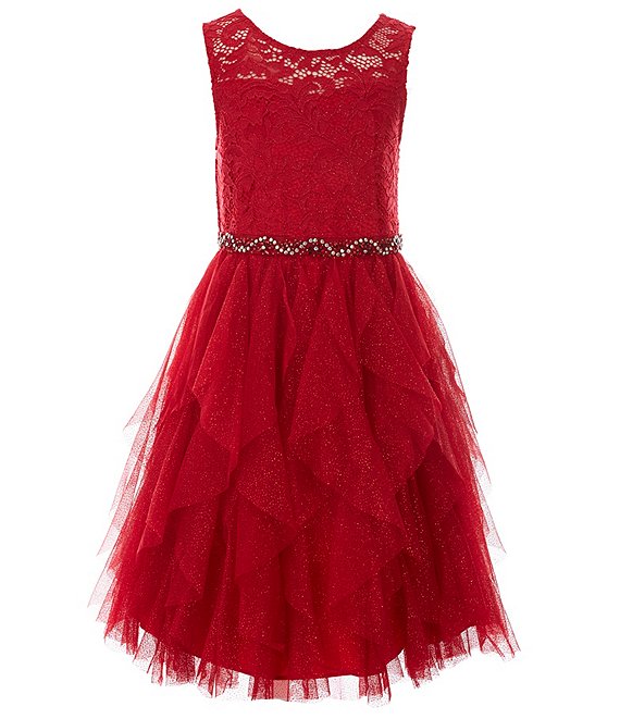 Color:Red - Image 1 - Big girls 7-16 Glitter Stretch Lace Illusion Lace Cascade Dress